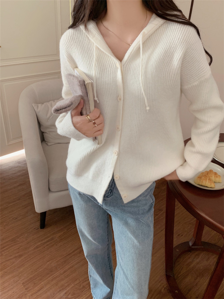 レディースカーディガン ショート丈フード付きニットカーディガン リブ編み純色