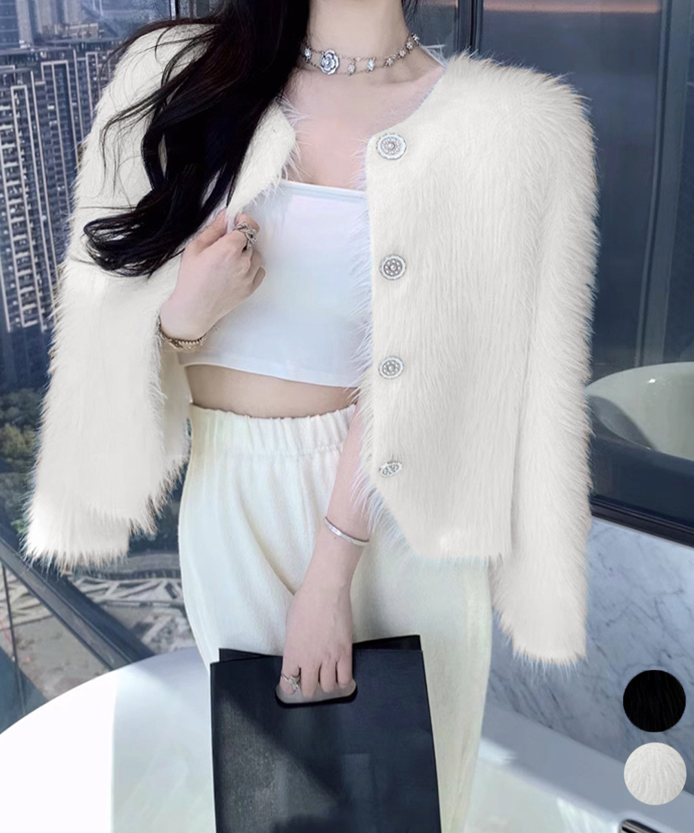 レディースカーディガン ショート丈 ふわふわシャギーニットカーディガン 秋冬