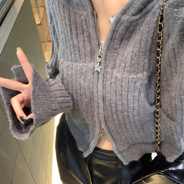 レディースカーディガン ショート丈 二重ファスナー ニット カーディガン フード付き 袖ボタン