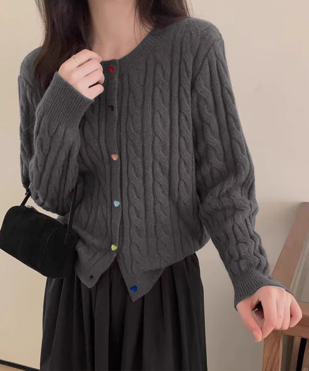 レディースカーディガン ミドル丈 ケーブルニットカーディガン ハートボタン前開き