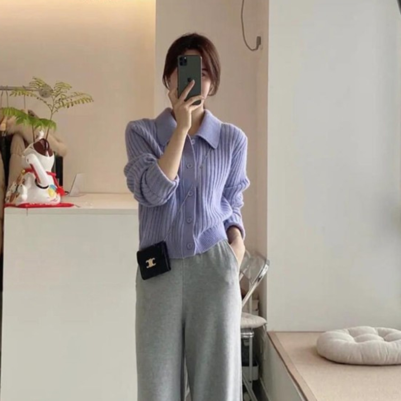 レディースカーディガン ショート丈 襟付きリブニット カーディガン