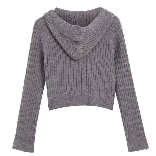 レディースカーディガン ショート丈 二重ファスナー ニット カーディガン フード付き 袖ボタン