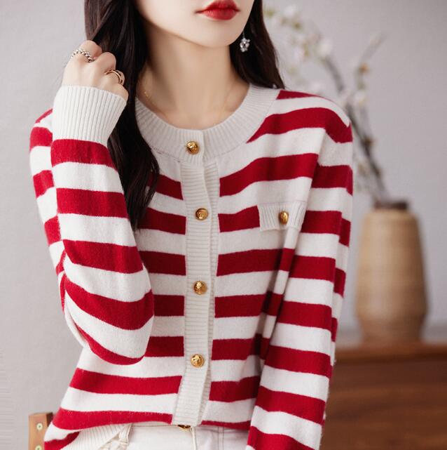 レディースカーディガン ショート丈ボーダーニットカーディガン レディース 4色展開 フリーサイズ