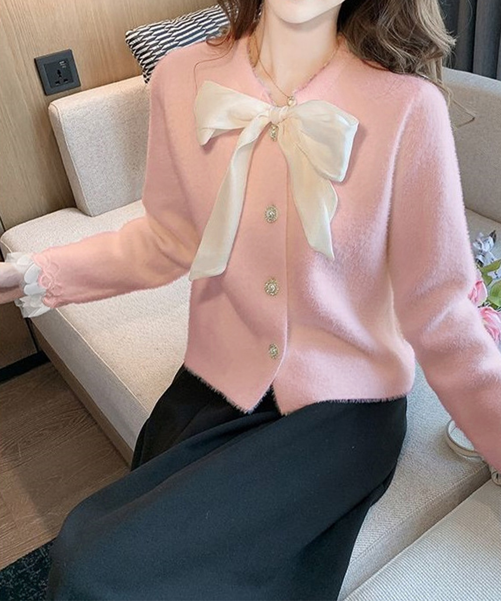 レディースカーディガン 大きめリボンタイ ショート丈 シャギーニット カーディガン