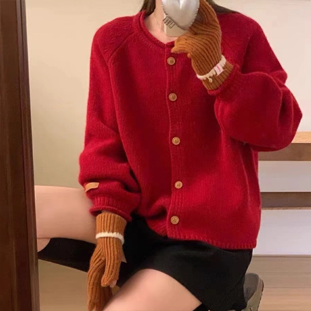 レディースカーディガン ミドル丈 丸首ミドル丈ニット 無地カーディガン