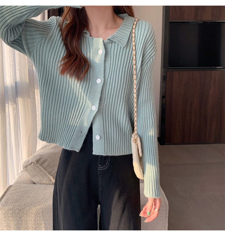 レディースカーディガン 秋冬ショート丈襟付きニットカーディガン無地レディース