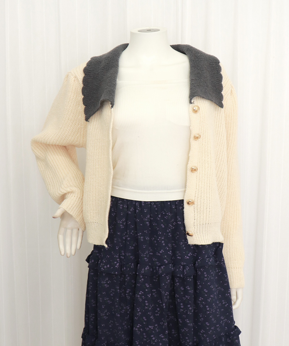 レディースカーディガン ショート丈 ニットカーディガン レディース 配色大きめ襟