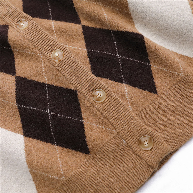 レディースカーディガン 秋新作ゆったりミドル丈ひし形柄ニットカーディガン