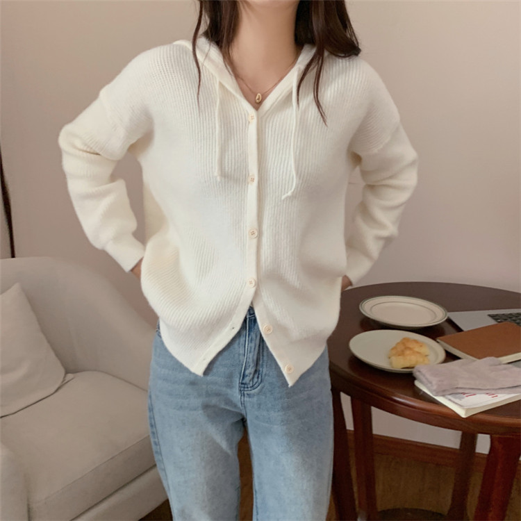 レディースカーディガン ショート丈フード付きニットカーディガン リブ編み純色