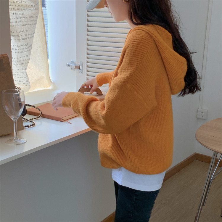 レディースカーディガン ショート丈フード付きニットカーディガン リブ編み純色