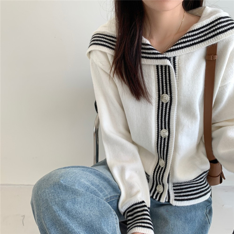 レディースカーディガン 学院風ミドル丈セーラー襟ニットカーディガン