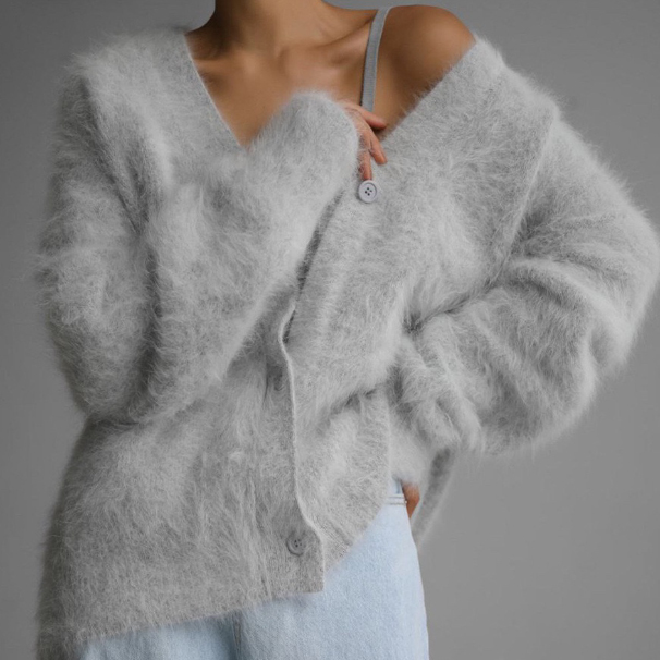 レディースカーディガン ミドル丈 ふわふわシャギー ブイネック カーディガン