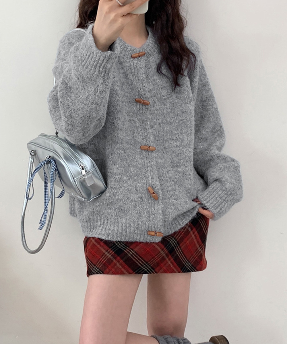 レディースカーディガン ショート丈 トグルボタンニット羽織秋冬