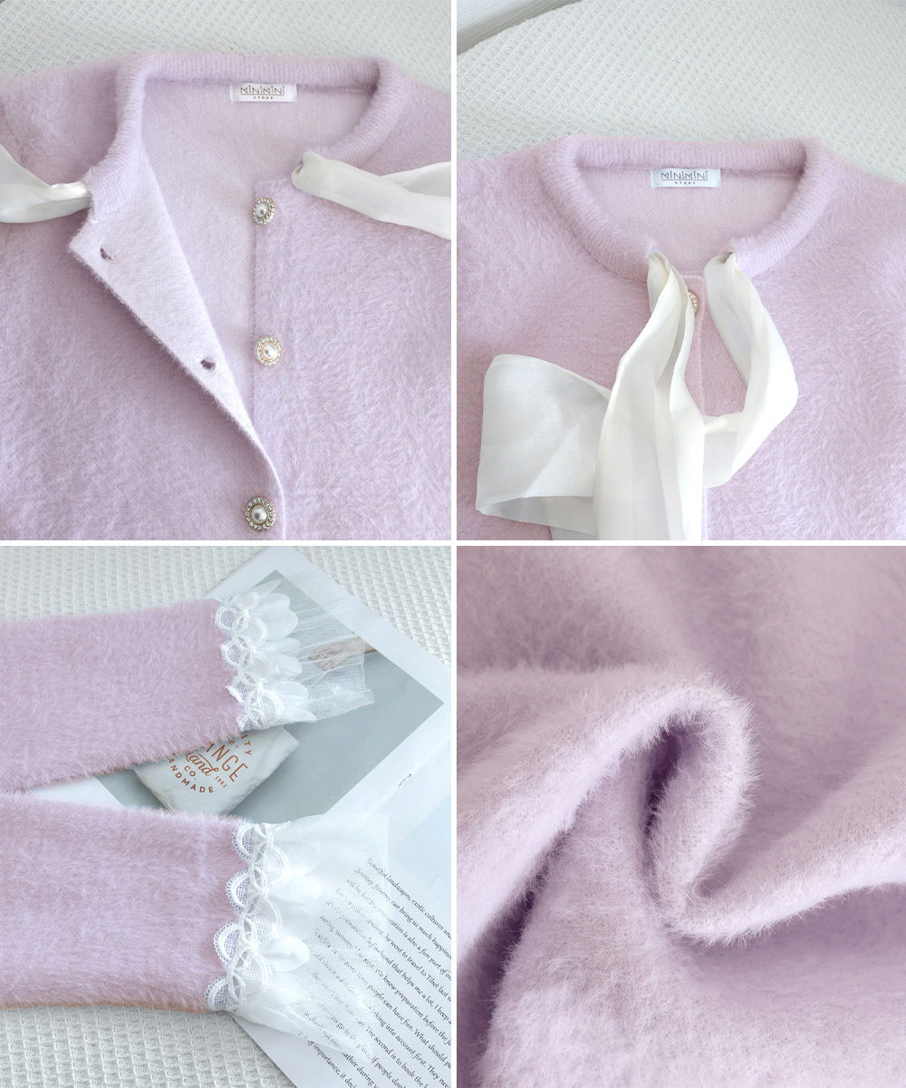 レディースカーディガン 大きめリボンタイ ショート丈 シャギーニット カーディガン