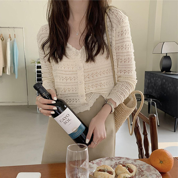 レディースカーディガン 透かし編みショート丈カーディガン長袖ニット