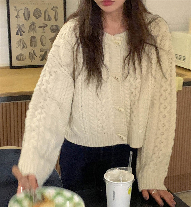 レディースカーディガン 麻の花模様 ショート丈 ケーブル編みカーディガン