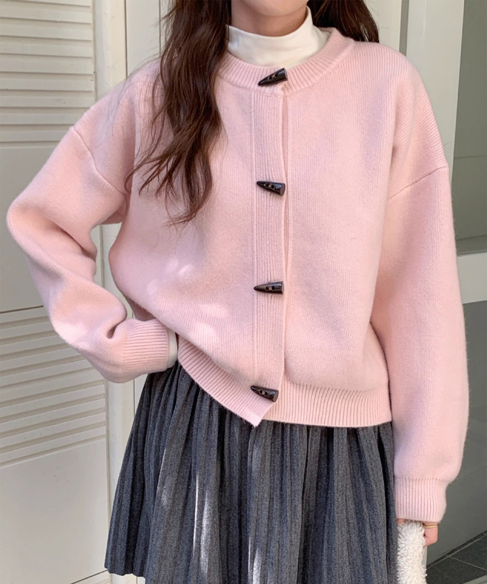 レディースカーディガン ミドル丈 韓国風牛角型トグルボタンニットカーディガン