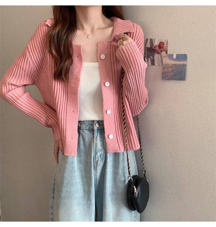 レディースカーディガン 秋冬ショート丈襟付きニットカーディガン無地レディース