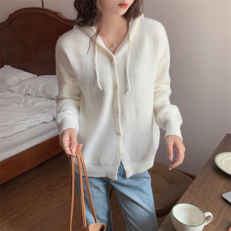 レディースカーディガン ショート丈フード付きニットカーディガン リブ編み純色