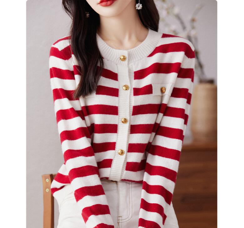 レディースカーディガン ショート丈ボーダーニットカーディガン レディース 4色展開 フリーサイズ