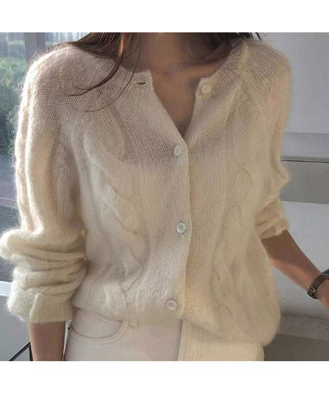 レディースカーディガン ショート丈モヘア調カーディガン白色ふんわり羽織りニット