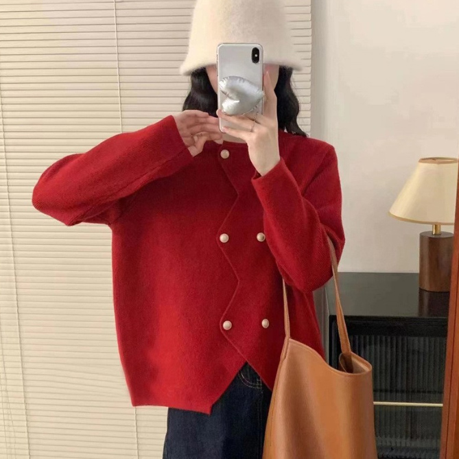 レディースカーディガン ショート丈ニット羽織り ダブルボタンカーディガン　丸首前開き