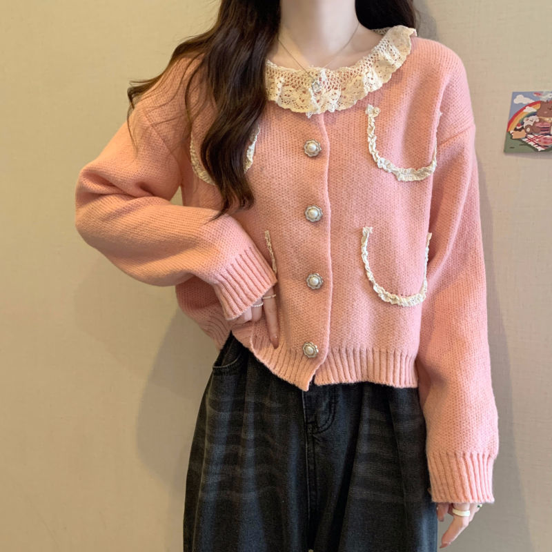 レディースカーディガン ショート丈 長袖ニットカーディガン レース襟