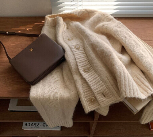 レディースカーディガン 秋冬ケーブル編みショート丈ニットカーディガン