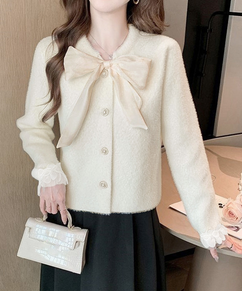 レディースカーディガン 大きめリボンタイ ショート丈 シャギーニット カーディガン