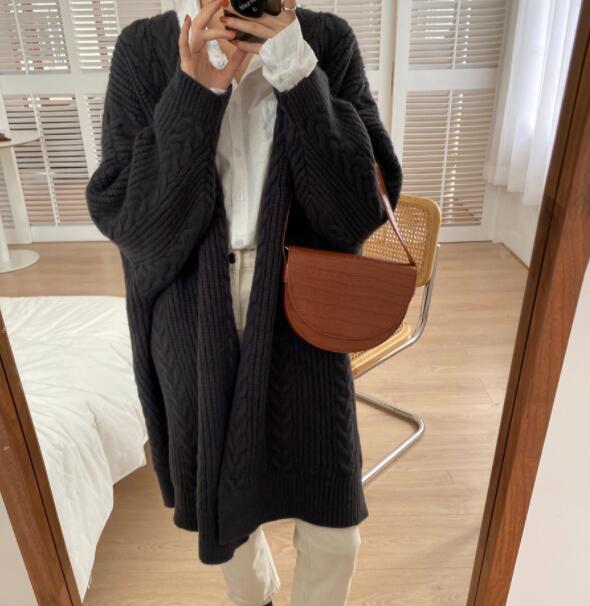 レディースカーディガン 秋冬ロング丈ケーブル編みニットカーディガン