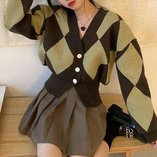 レディースカーディガン ショート丈ダイヤ柄ニットカーディガン レディース 3色展開