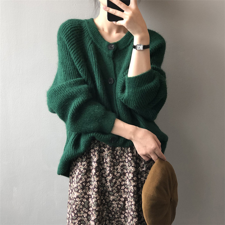 レディースカーディガン ゆったりシルエット ミドル丈 厚手ニット カーディガン