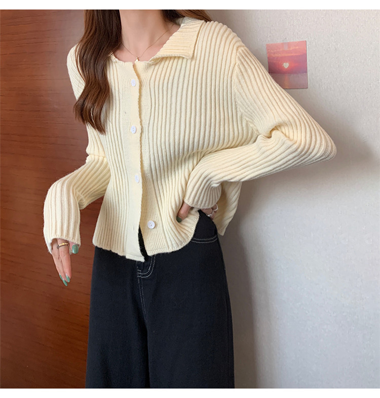 レディースカーディガン 秋冬ショート丈襟付きニットカーディガン無地レディース