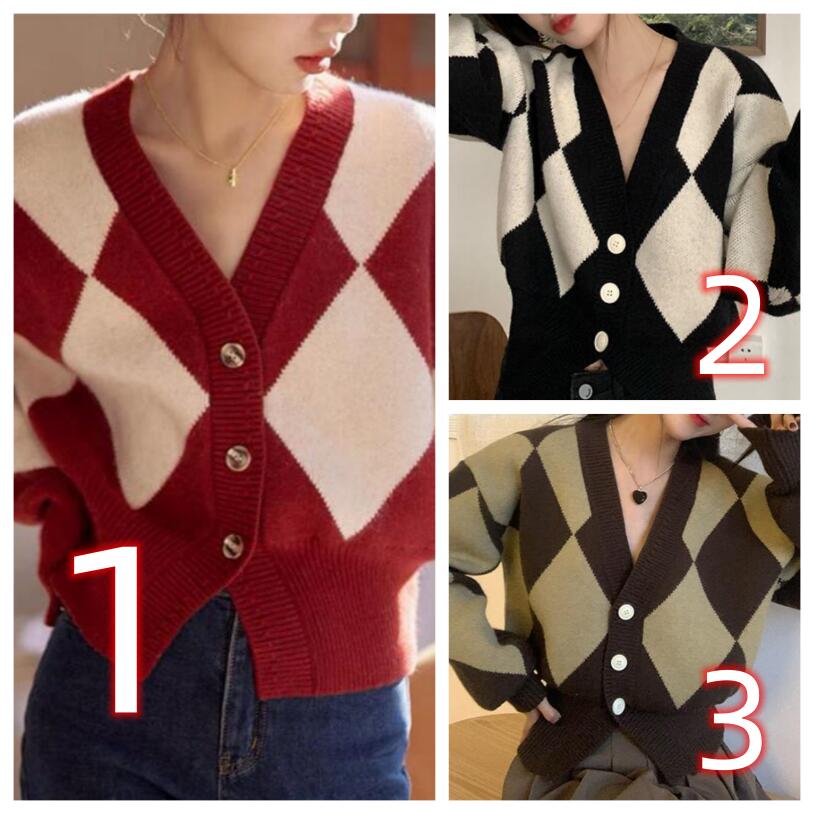 レディースカーディガン ショート丈ダイヤ柄ニットカーディガン レディース 3色展開