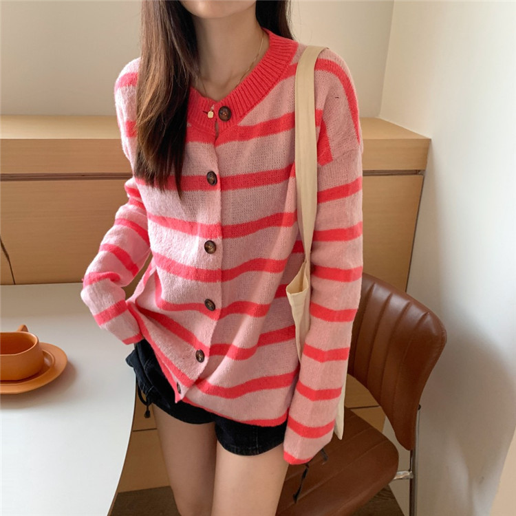 レディースカーディガン おしゃれ ボーダー柄 ミドル丈 ニットカーディガン