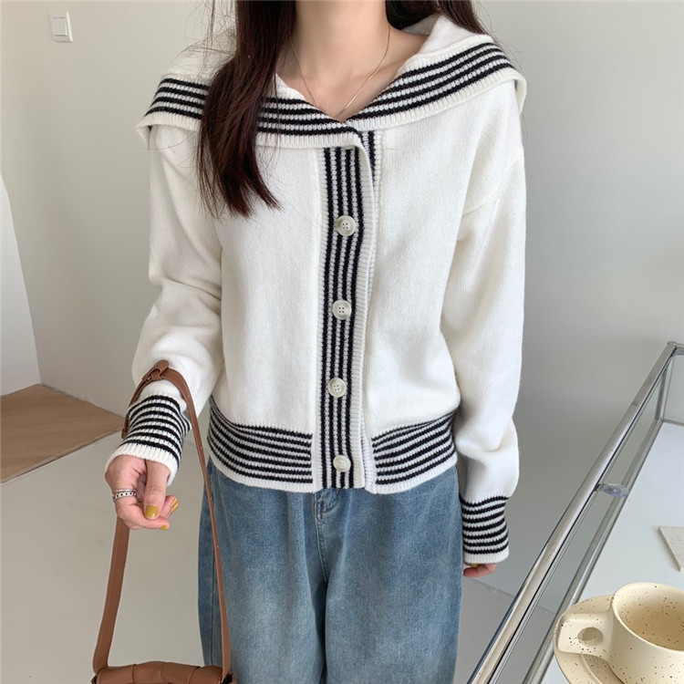 レディースカーディガン 学院風ミドル丈セーラー襟ニットカーディガン