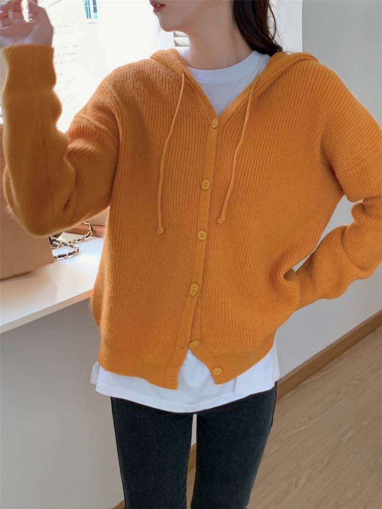 レディースカーディガン ショート丈フード付きニットカーディガン リブ編み純色