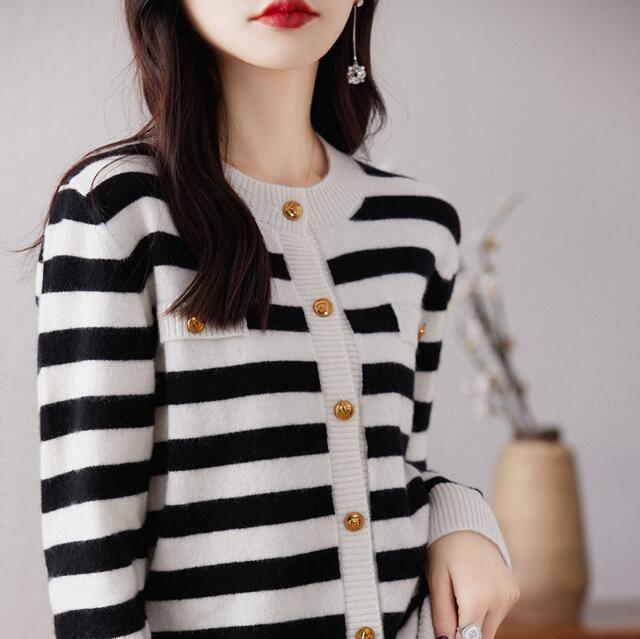 レディースカーディガン ショート丈ボーダーニットカーディガン レディース 4色展開 フリーサイズ