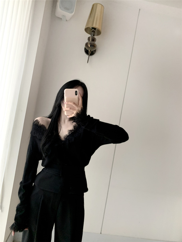 レディースカーディガン レース襟ショート丈ニットカーディガン 長袖 可愛い系