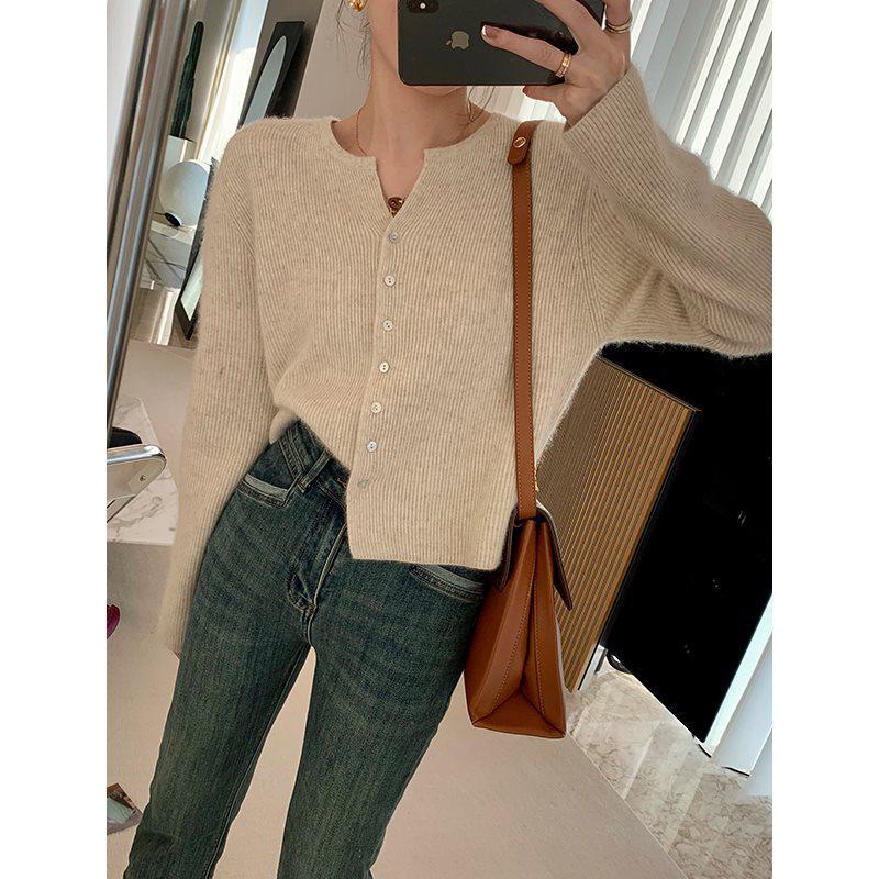 レディースカーディガン ショート丈ニットカーディガン長袖無地ゆったり