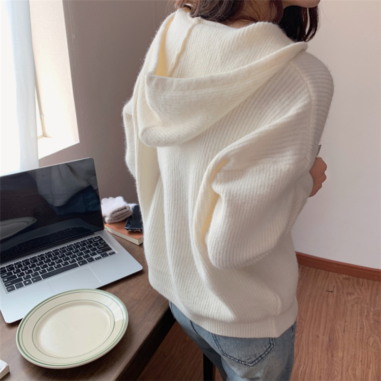 レディースカーディガン ショート丈フード付きニットカーディガン リブ編み純色