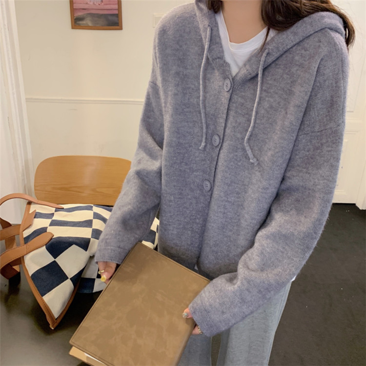 レディースカーディガン フード付きミドル丈ニットカーディガン レイヤード万能アイテム