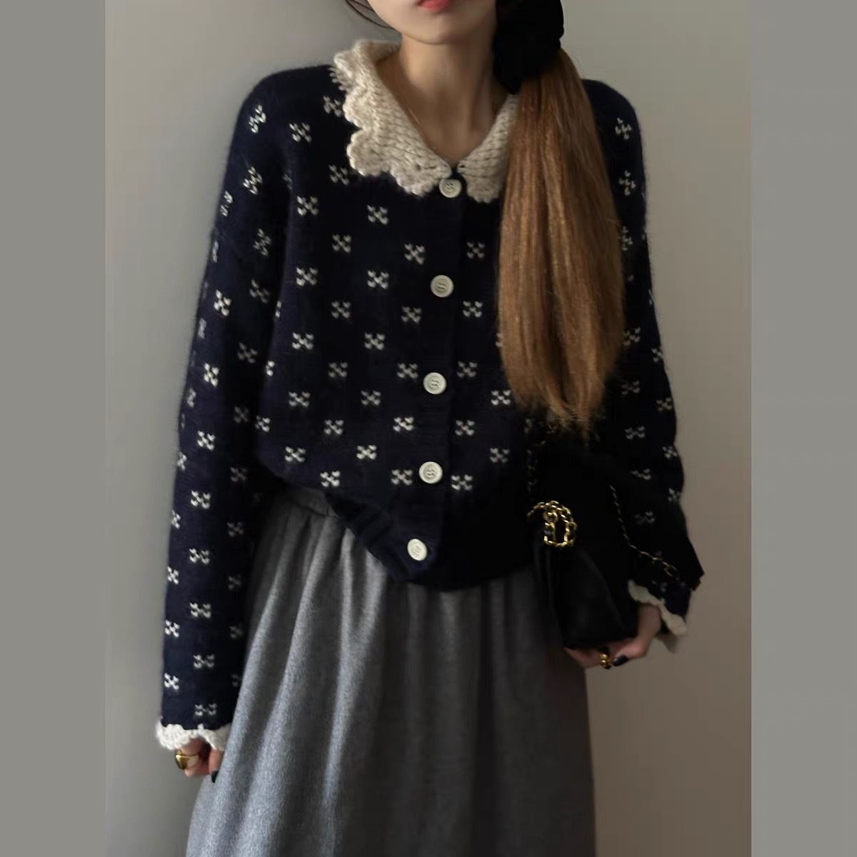 レディースカーディガン ショート丈 レース襟編みニットカーディガン