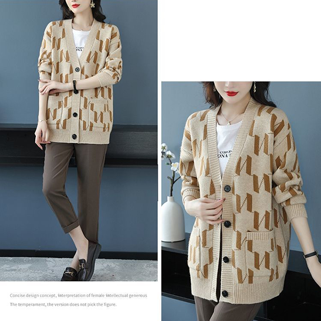 レディースカーディガン ミドル丈 モノグラム柄 ブイネック カーディガン 羽織り