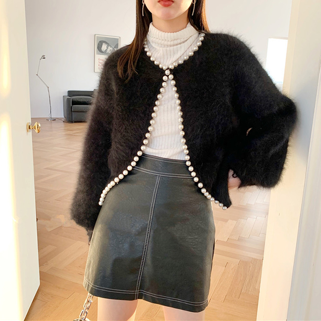 レディースカーディガン ミドル丈 パール付きシャギーニットカーディガン