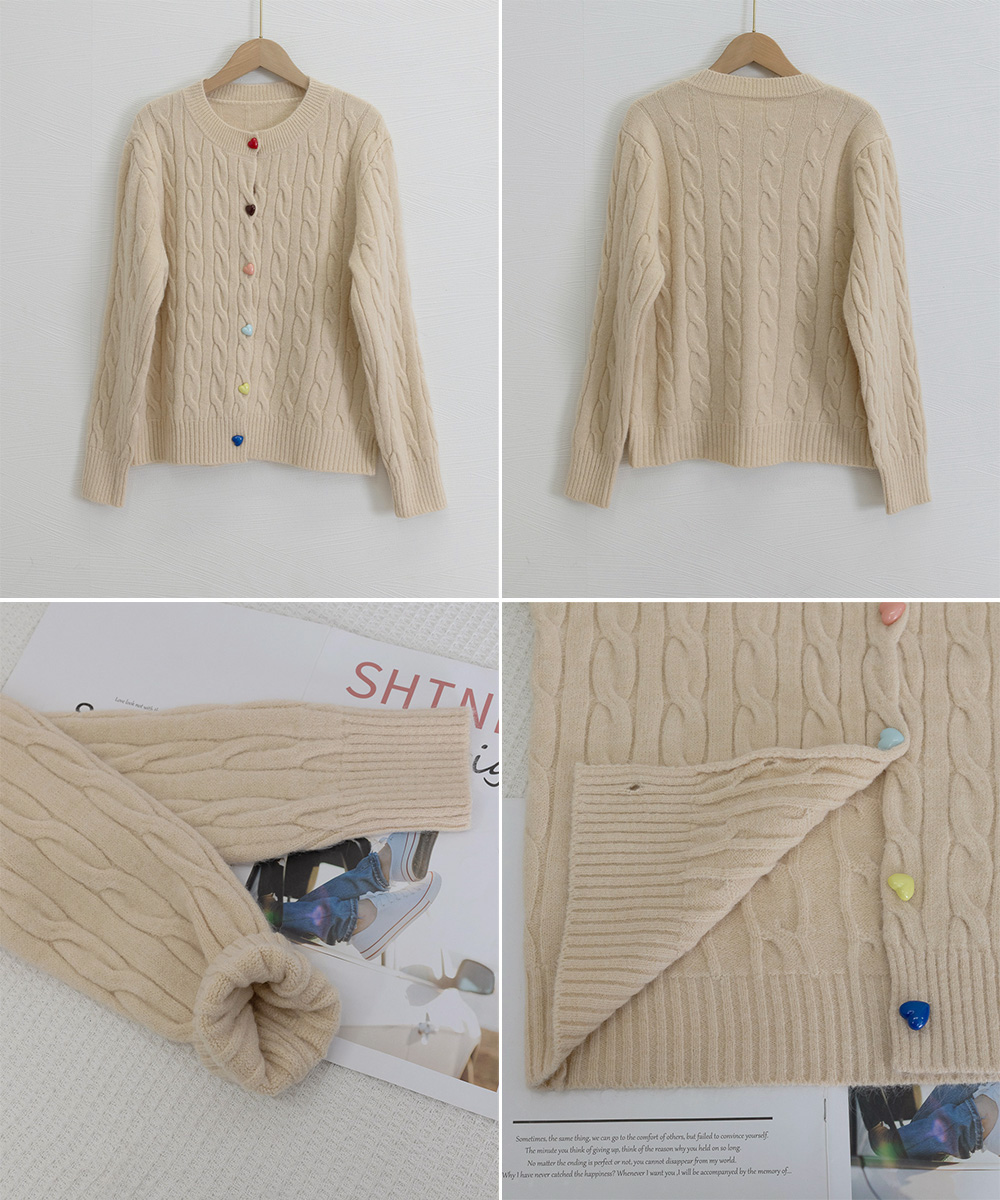 レディースカーディガン ミドル丈 ケーブルニットカーディガン ハートボタン前開き