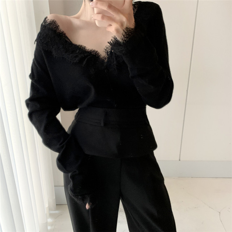 レディースカーディガン レース襟ショート丈ニットカーディガン 長袖 可愛い系