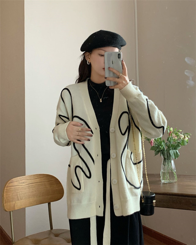 レディースカーディガン 秋冬ゆったりミドル丈ニットカーディガン長袖　デザインカーディガン