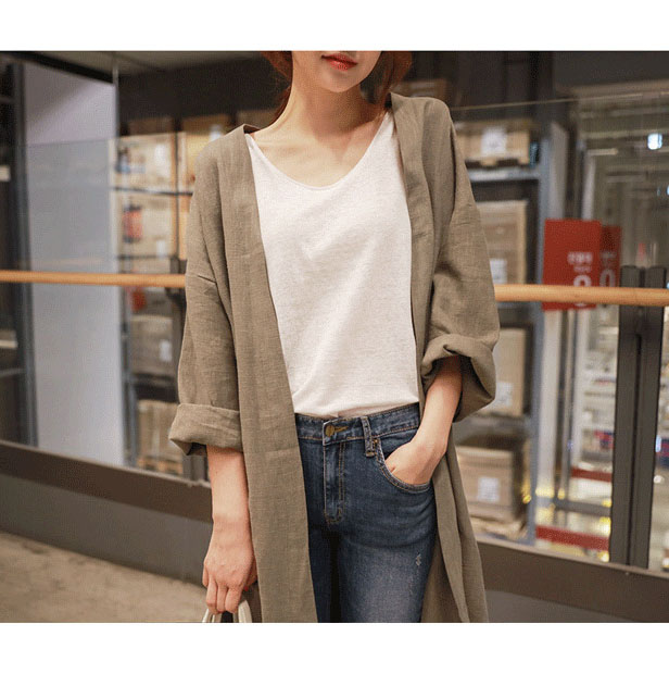 レディースカーディガン 秋冬新作 綿麻ロング丈カーディガン 薄手羽織り
