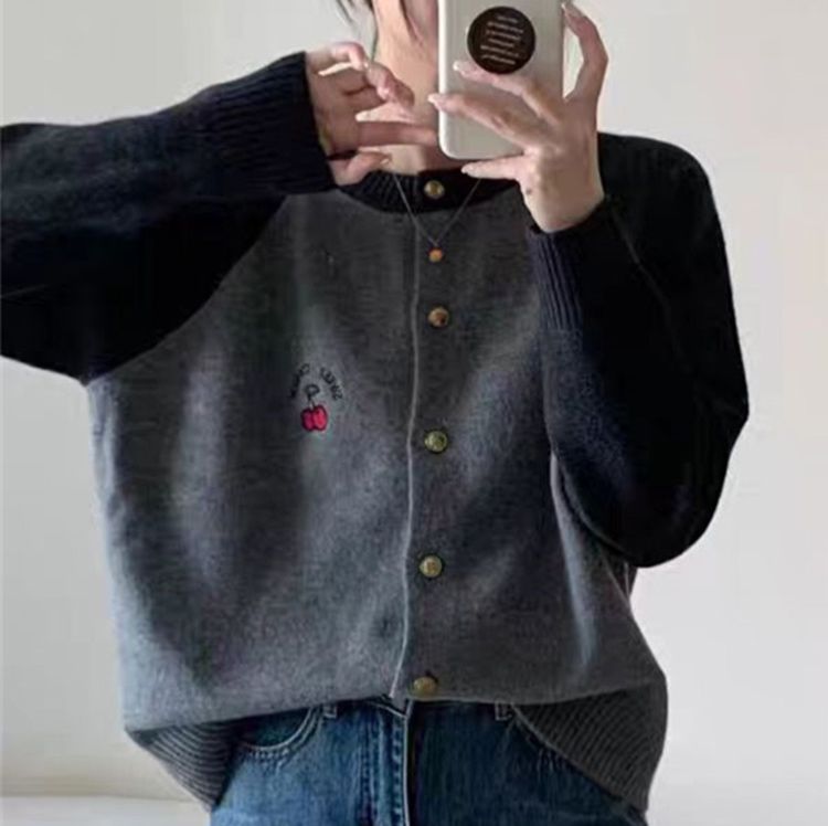 ニットカーディガン ニットカーディガン さくらんぼ刺繍 ツートーンモヘアカーディガン